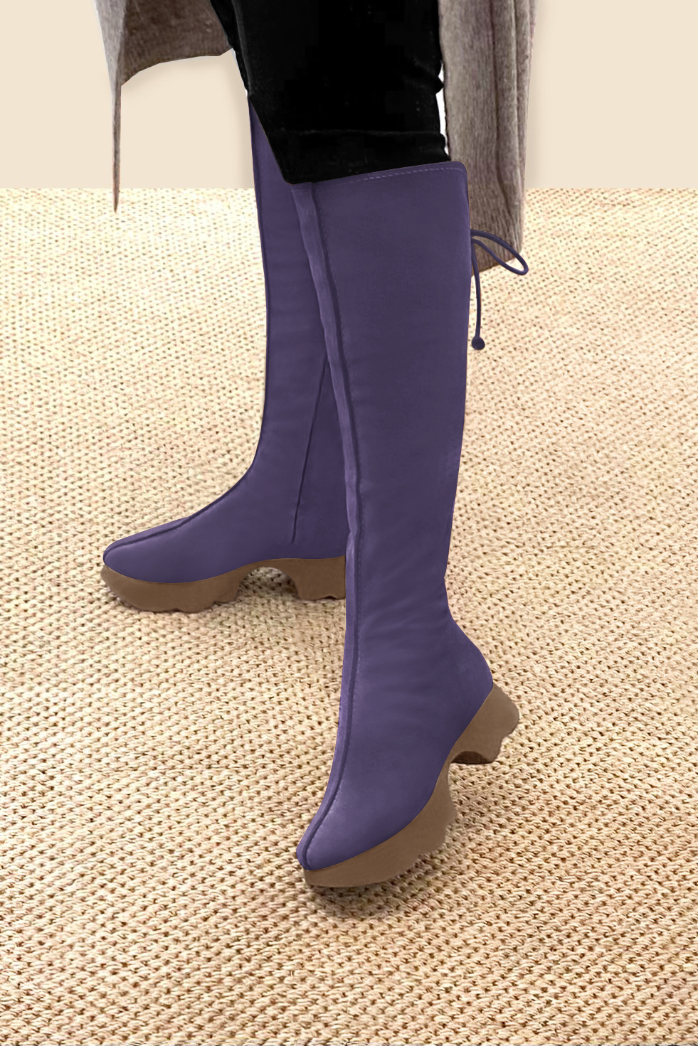 Lavender purple women's knee-high boots, with laces at the back. Round toe. Low rubber soles. Made to measure. Worn view - Florence KOOIJMAN